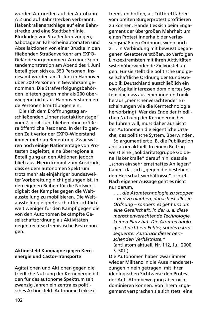 Seite 102 des Verfassungsschutzbericht 2000 Niedersachsen