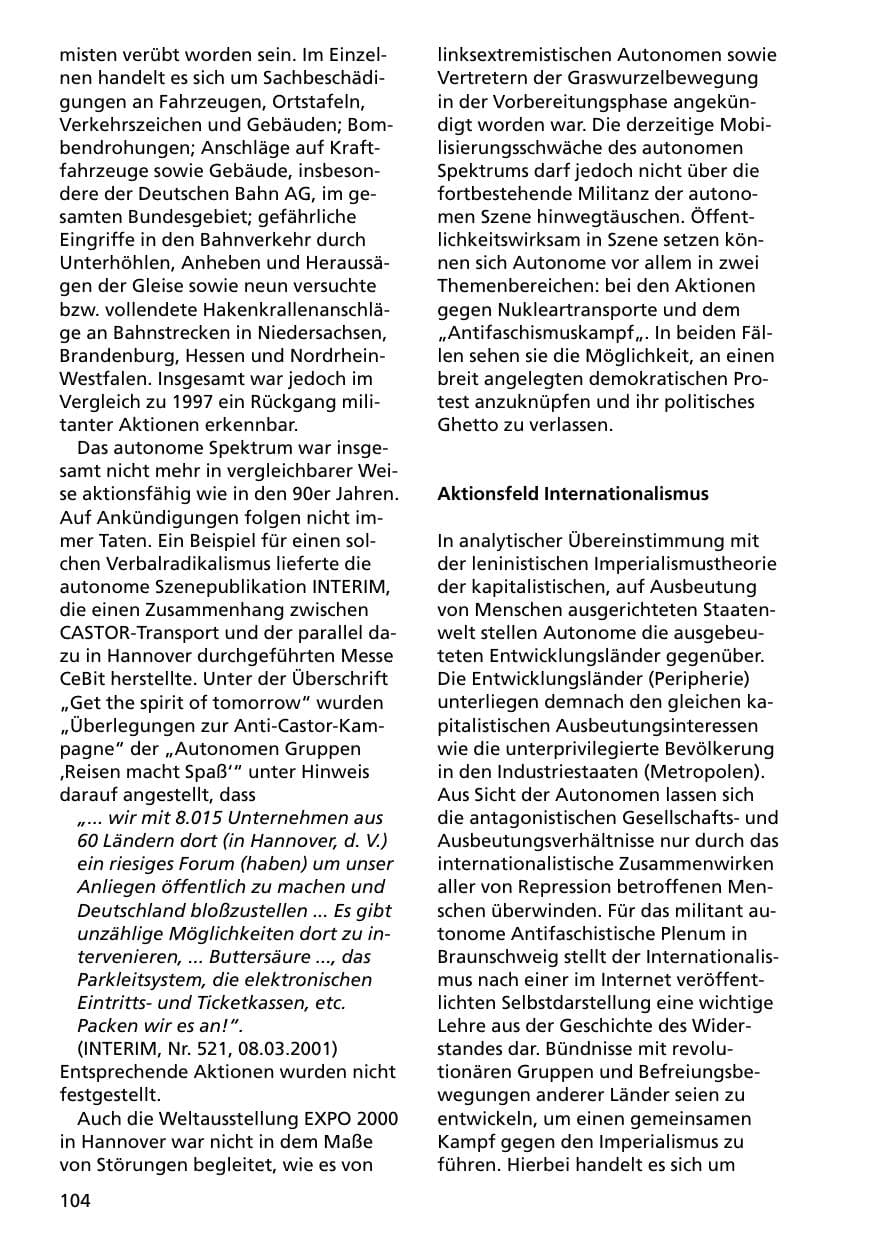 Seite 104 des Verfassungsschutzbericht 2000 Niedersachsen