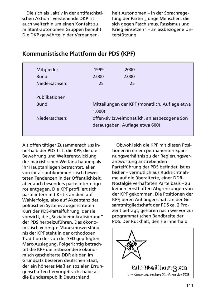Seite 111 des Verfassungsschutzbericht 2000 Niedersachsen