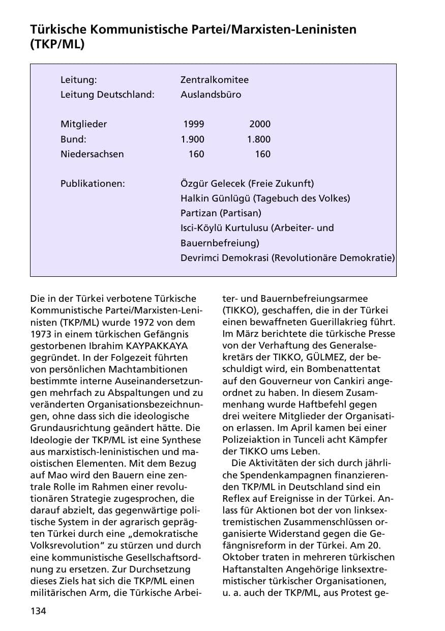 Seite 134 des Verfassungsschutzbericht 2000 Niedersachsen