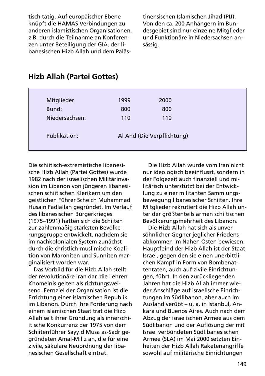 Seite 149 des Verfassungsschutzbericht 2000 Niedersachsen