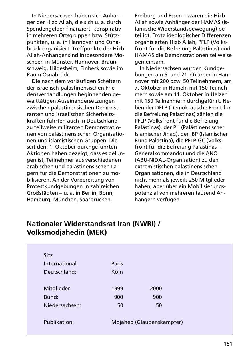 Seite 151 des Verfassungsschutzbericht 2000 Niedersachsen