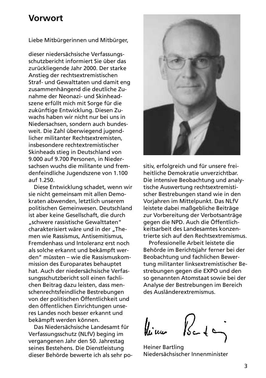 Seite 3 des Verfassungsschutzbericht 2000 Niedersachsen