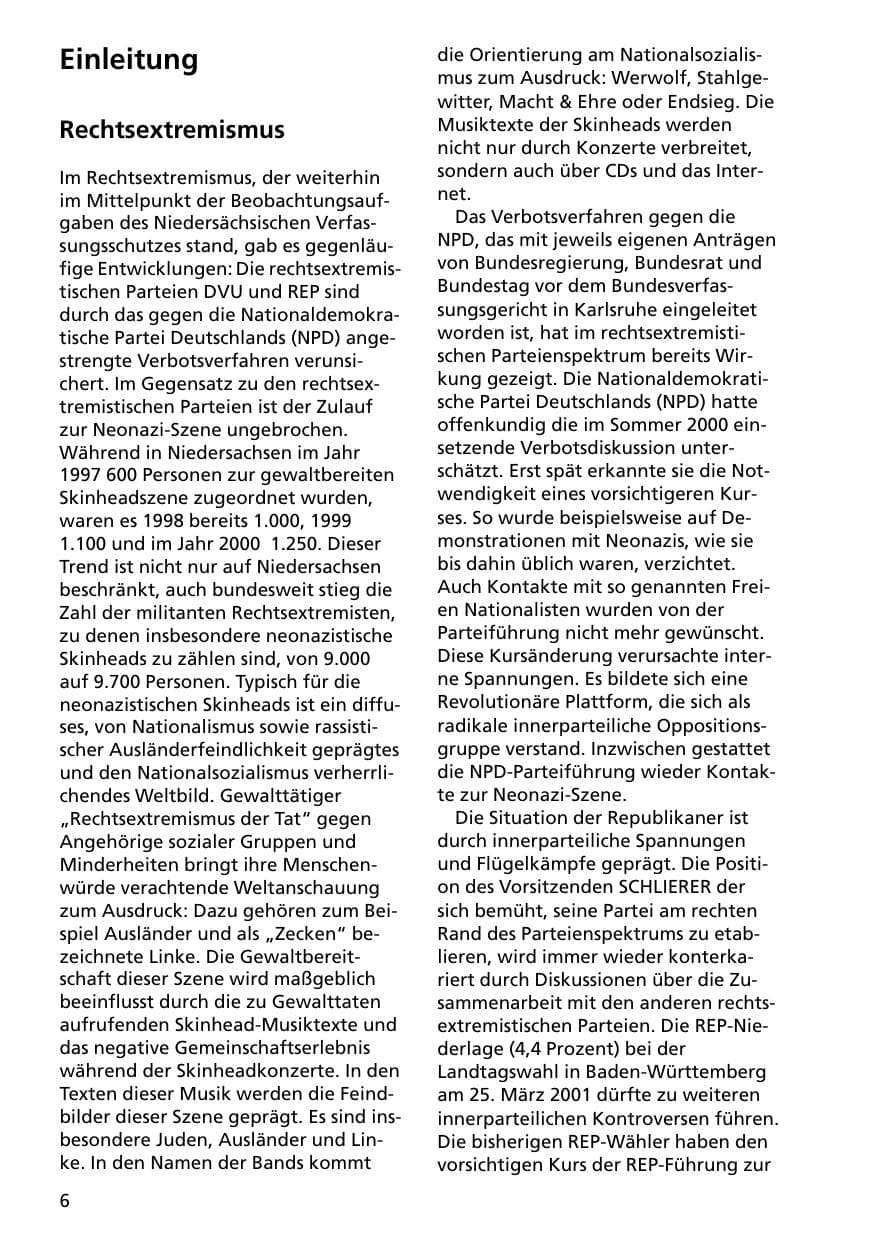 Seite 6 des Verfassungsschutzbericht 2000 Niedersachsen