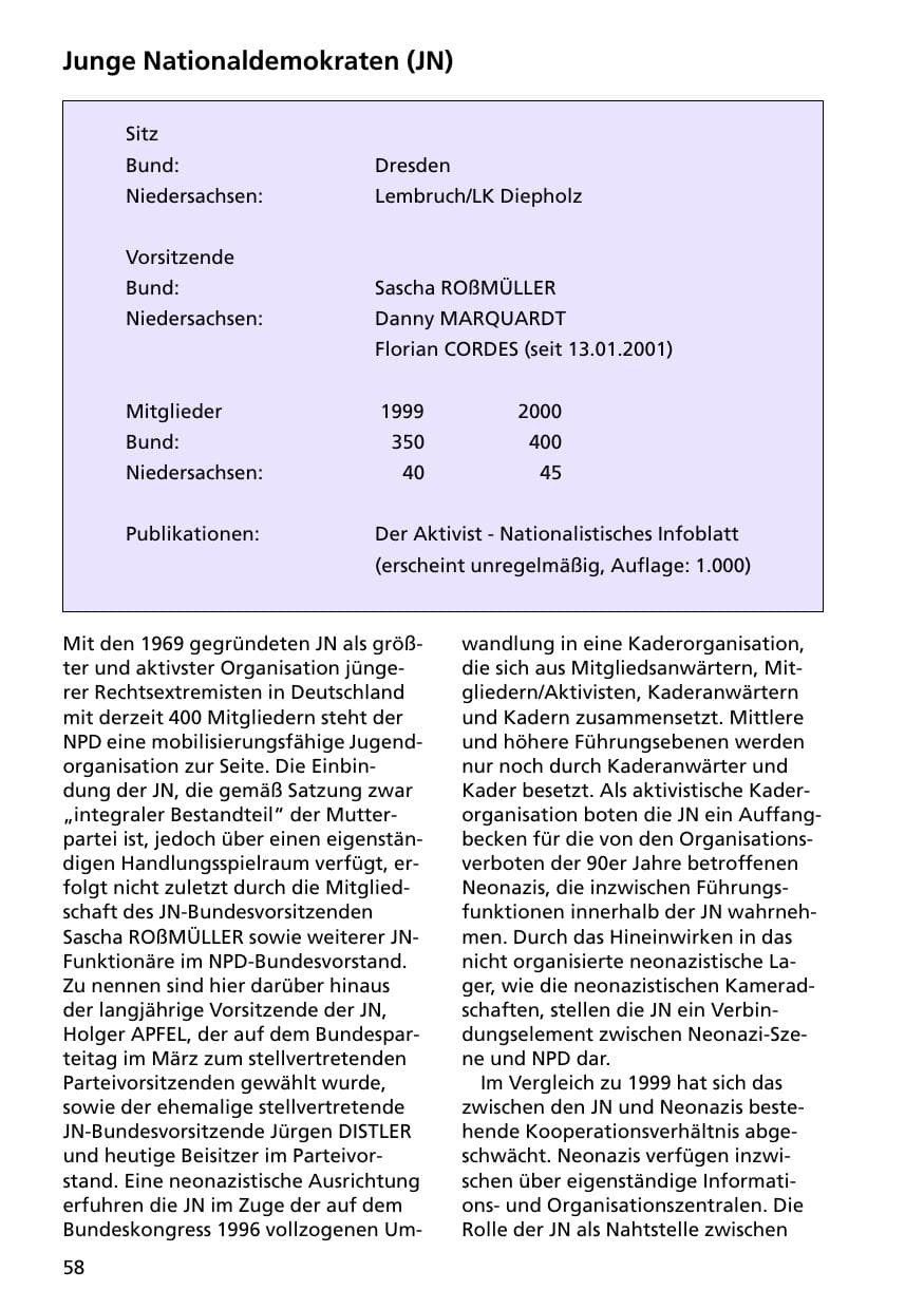 Seite 58 des Verfassungsschutzbericht 2000 Niedersachsen