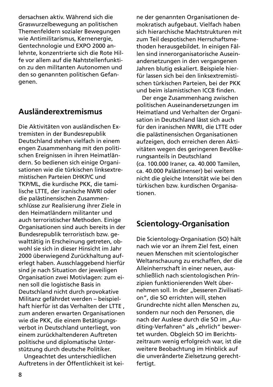 Seite 8 des Verfassungsschutzbericht 2000 Niedersachsen