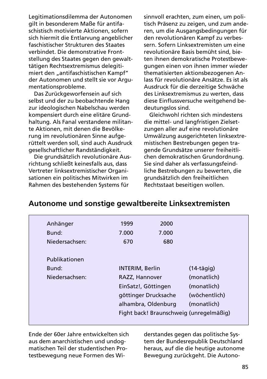 Seite 85 des Verfassungsschutzbericht 2000 Niedersachsen