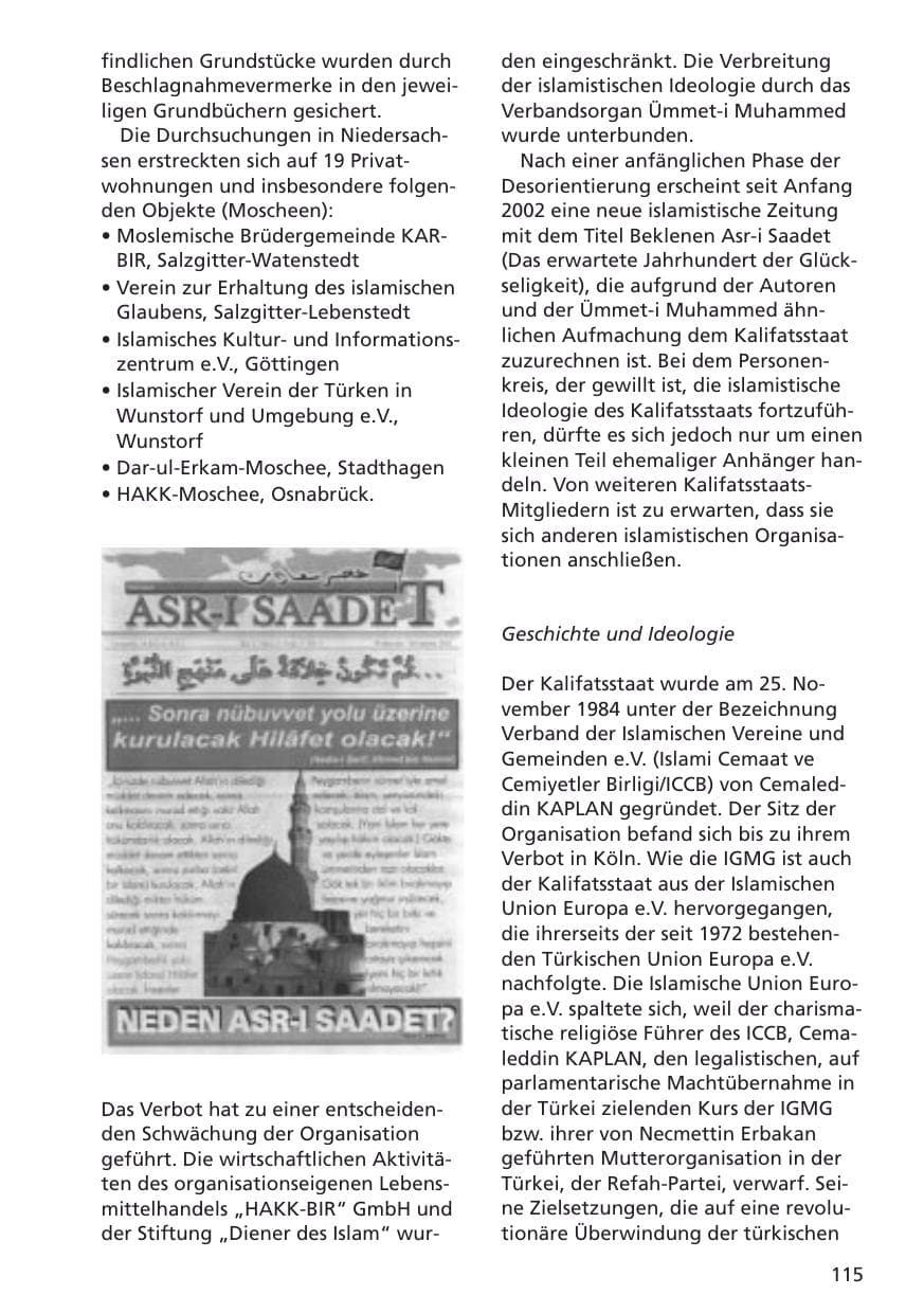 Seite 116 des Verfassungsschutzbericht 2001 Niedersachsen