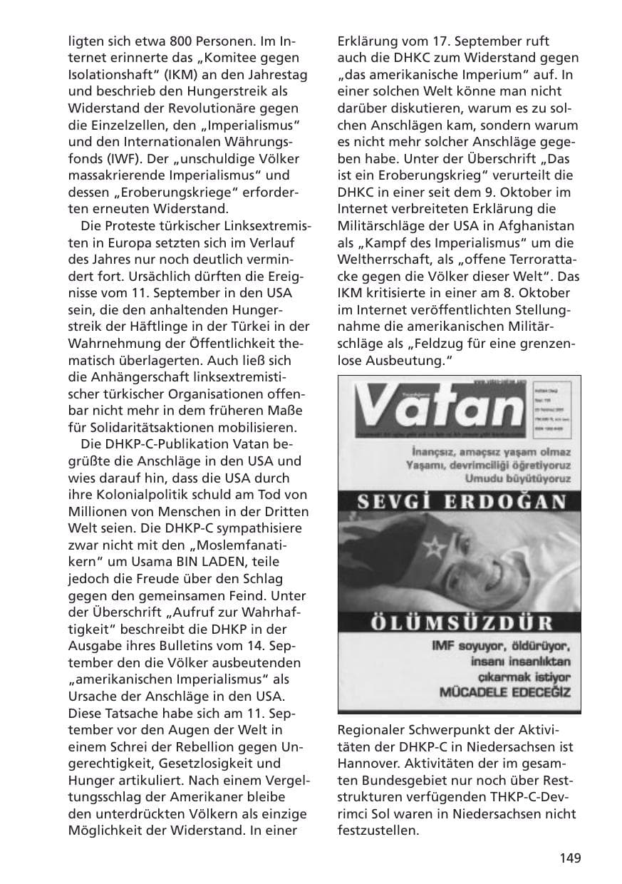 Seite 150 des Verfassungsschutzbericht 2001 Niedersachsen