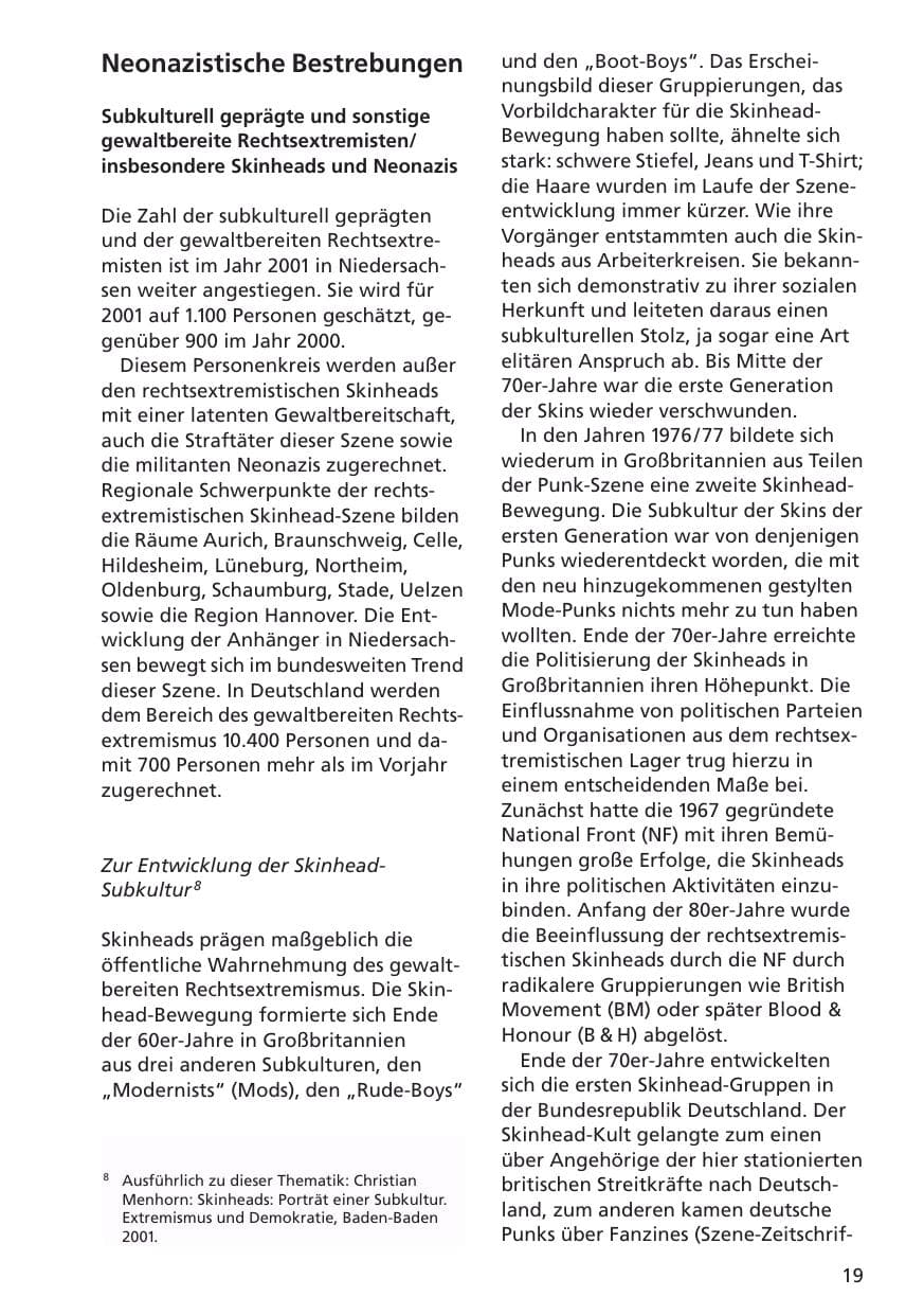 Seite 20 des Verfassungsschutzbericht 2001 Niedersachsen