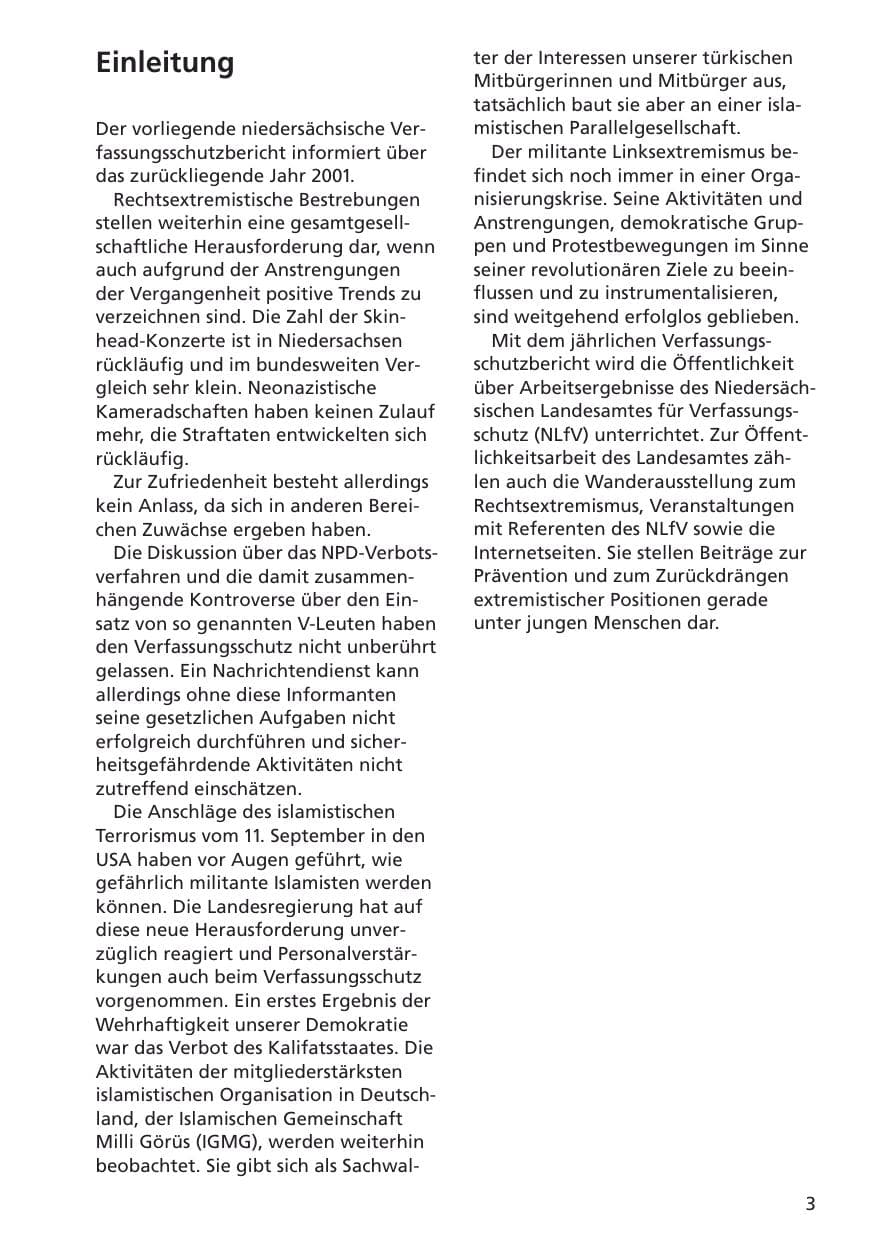 Seite 4 des Verfassungsschutzbericht 2001 Niedersachsen