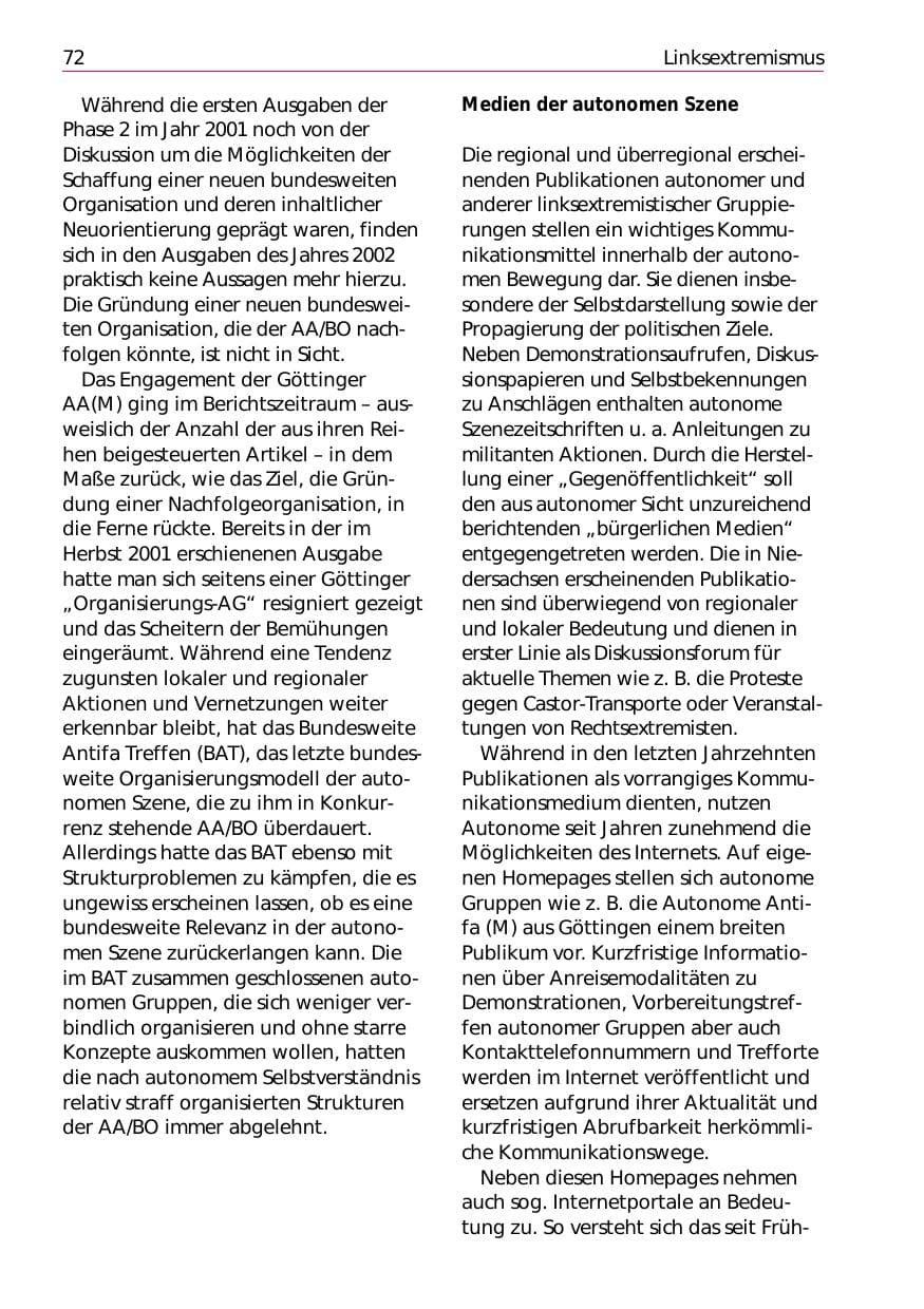 Seite 74 des Verfassungsschutzbericht 2002 Niedersachsen