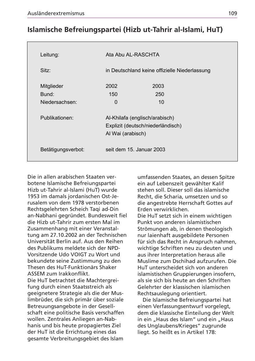 Seite 109 des Verfassungsschutzbericht 2003 Niedersachsen