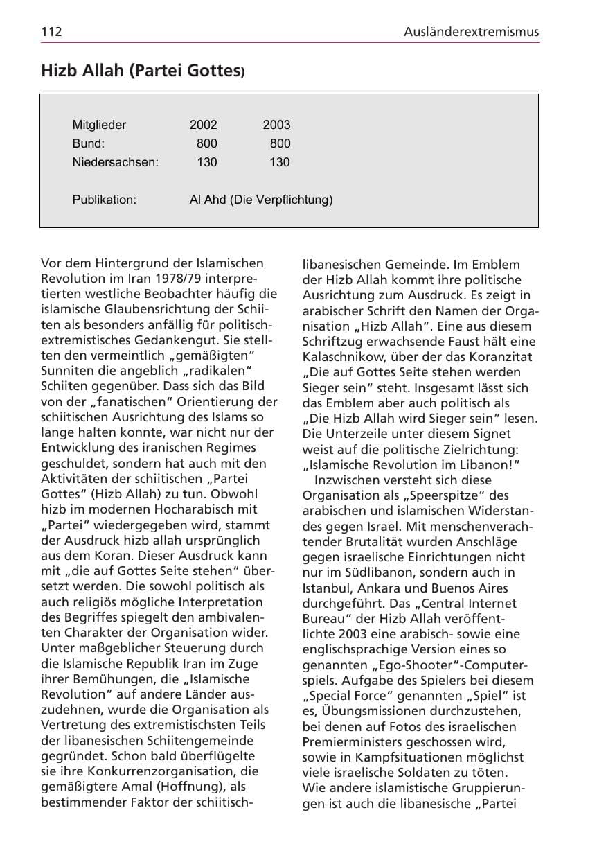 Seite 112 des Verfassungsschutzbericht 2003 Niedersachsen