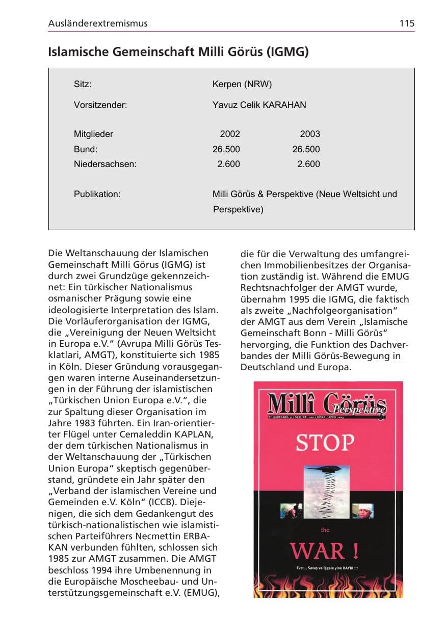 Seite 115 des Verfassungsschutzbericht 2003 Niedersachsen