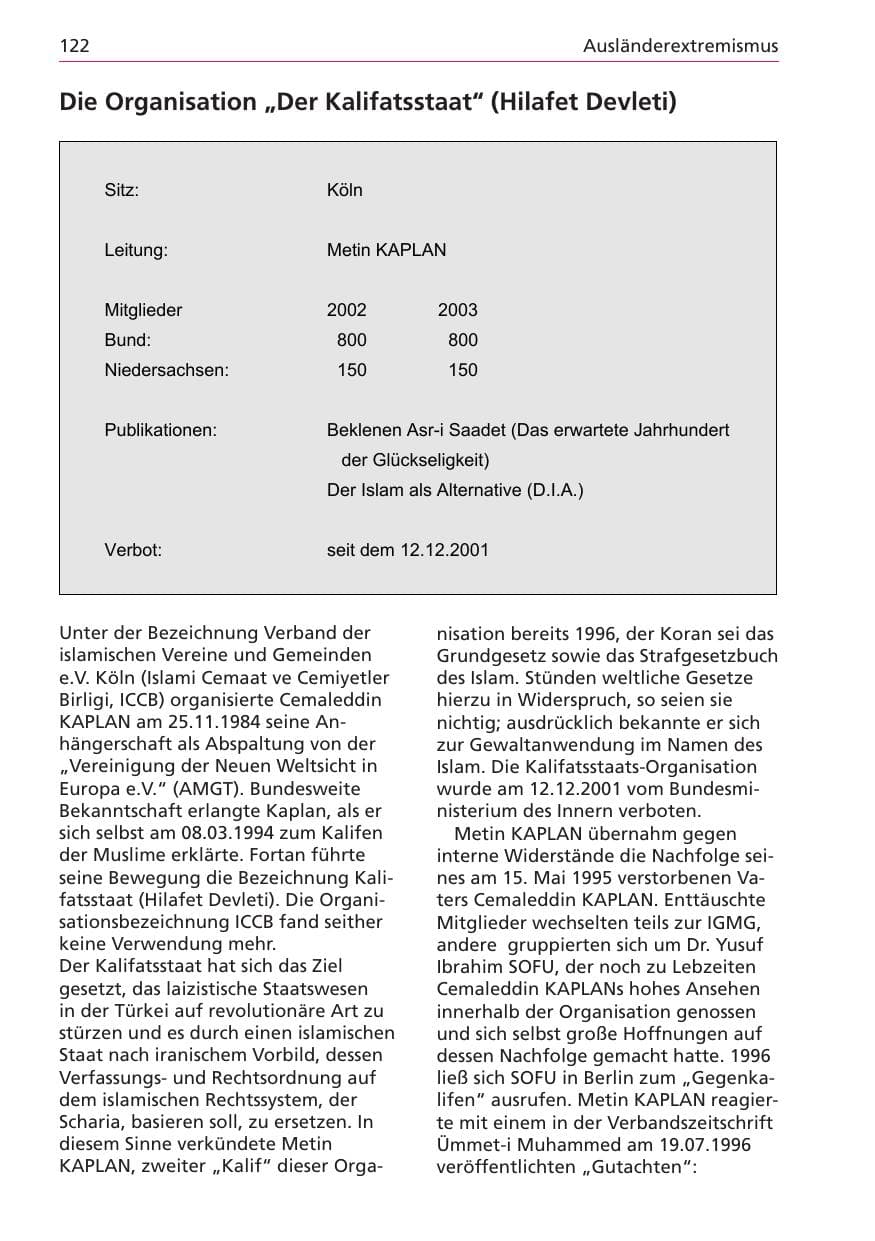 Seite 122 des Verfassungsschutzbericht 2003 Niedersachsen
