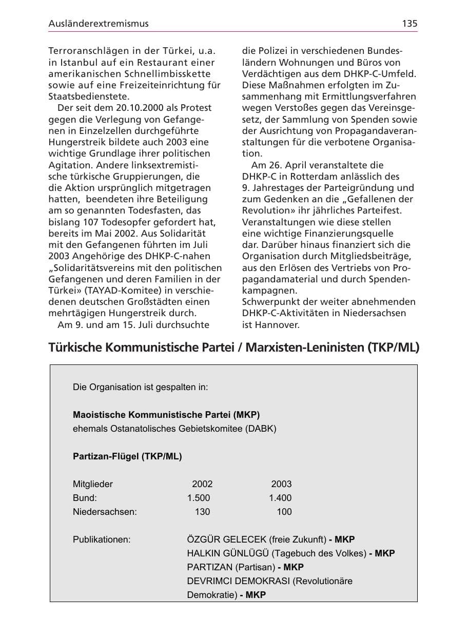 Seite 135 des Verfassungsschutzbericht 2003 Niedersachsen