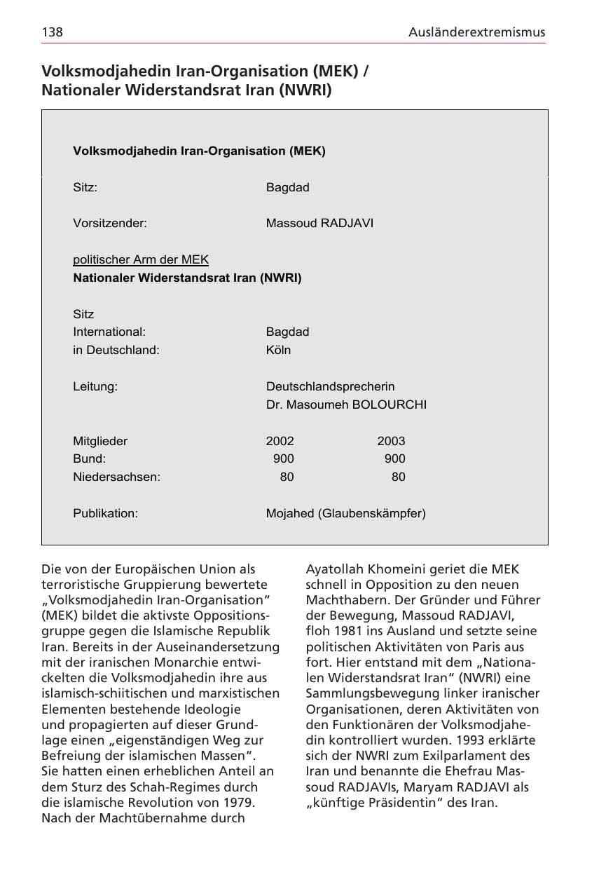 Seite 138 des Verfassungsschutzbericht 2003 Niedersachsen
