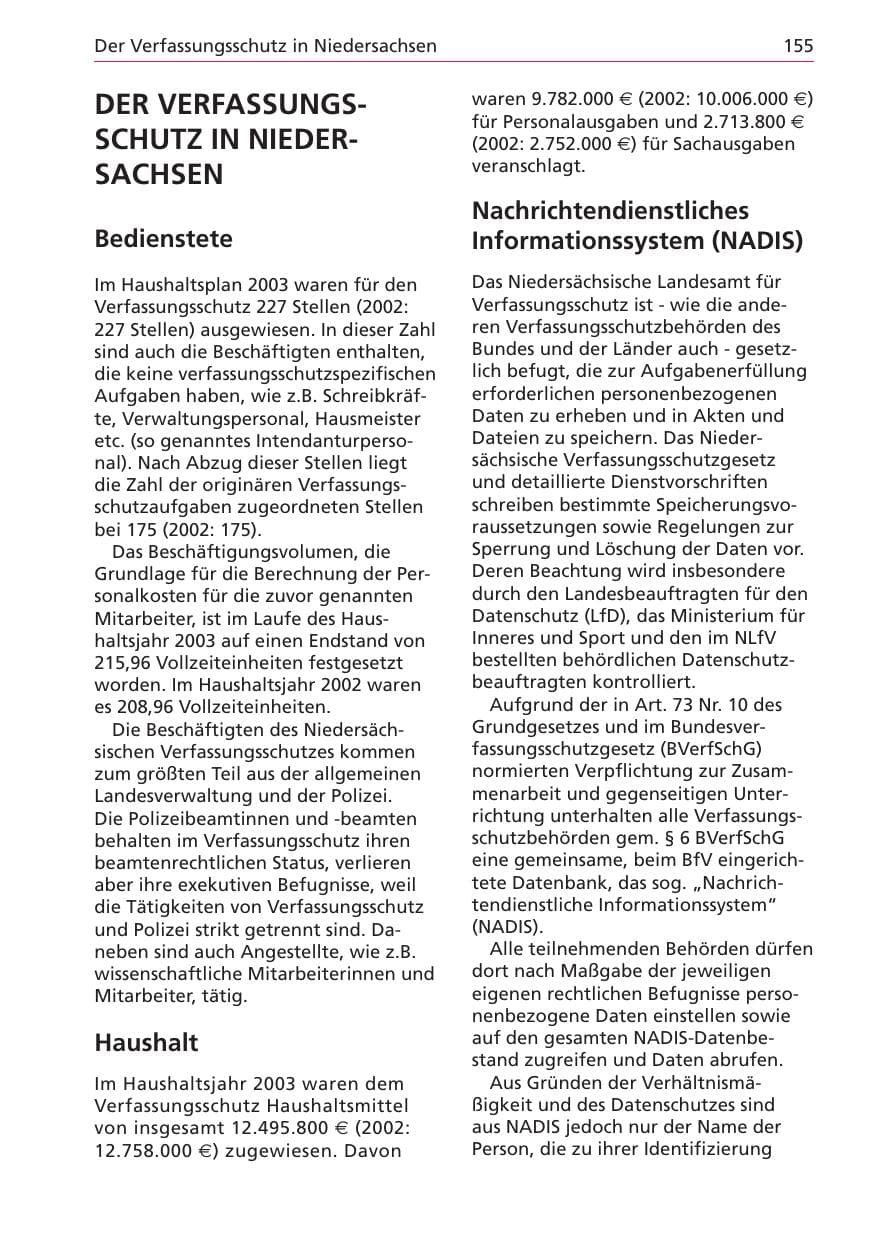 Seite 155 des Verfassungsschutzbericht 2003 Niedersachsen
