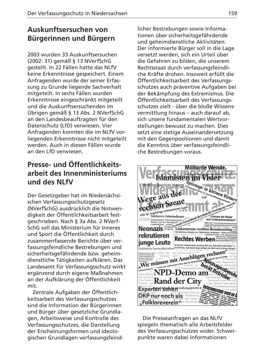Seite 159 des Verfassungsschutzbericht 2003 Niedersachsen