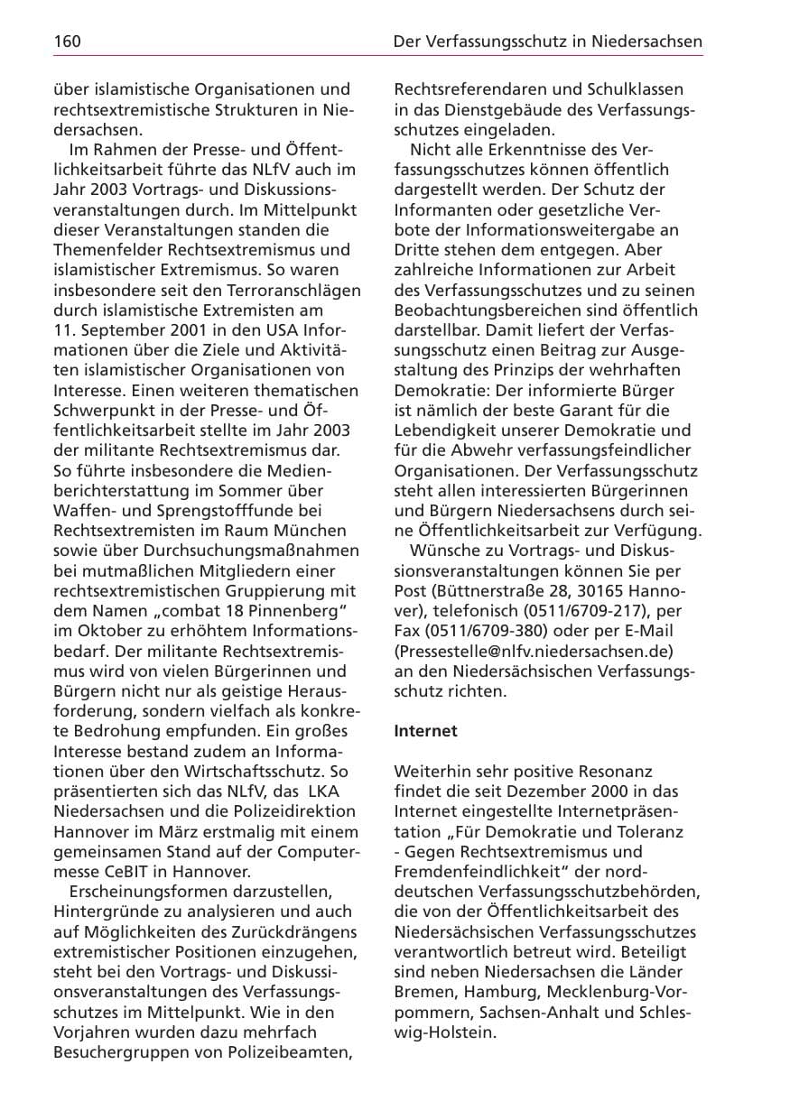 Seite 160 des Verfassungsschutzbericht 2003 Niedersachsen