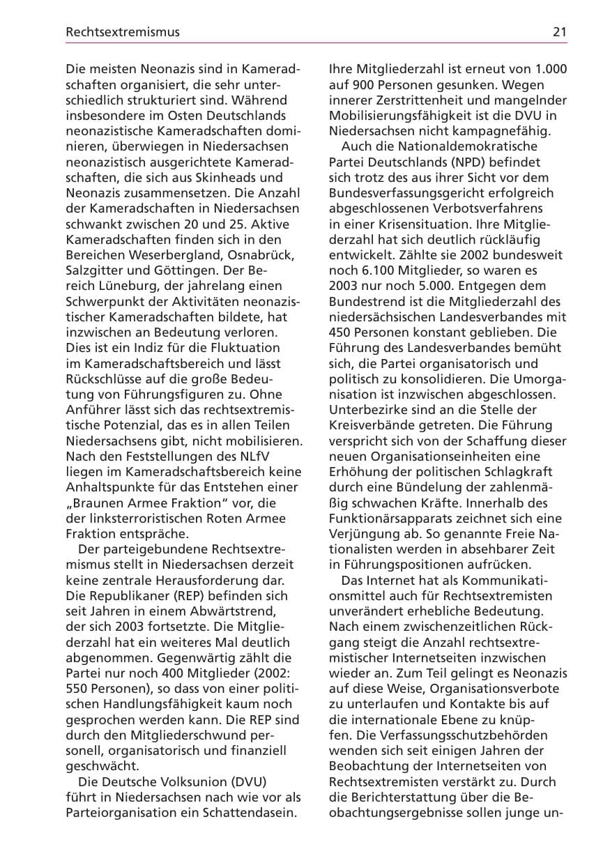 Seite 21 des Verfassungsschutzbericht 2003 Niedersachsen