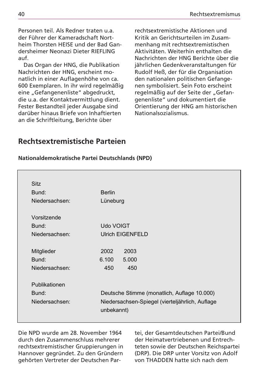 Seite 40 des Verfassungsschutzbericht 2003 Niedersachsen