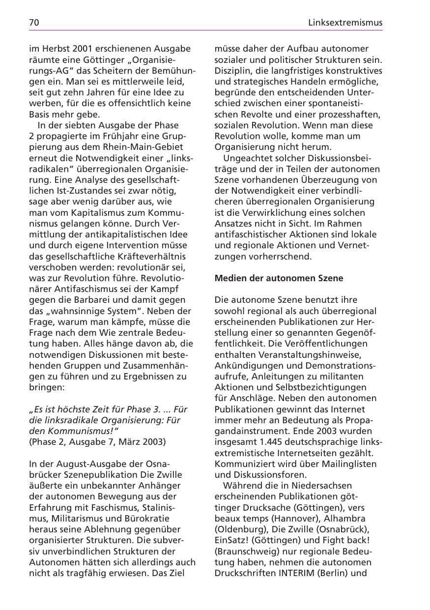 Seite 70 des Verfassungsschutzbericht 2003 Niedersachsen
