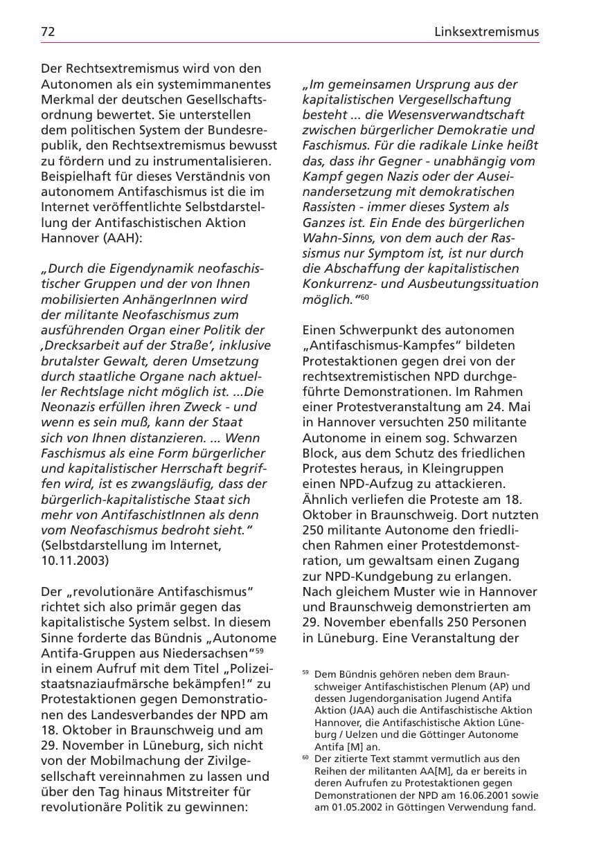Seite 72 des Verfassungsschutzbericht 2003 Niedersachsen