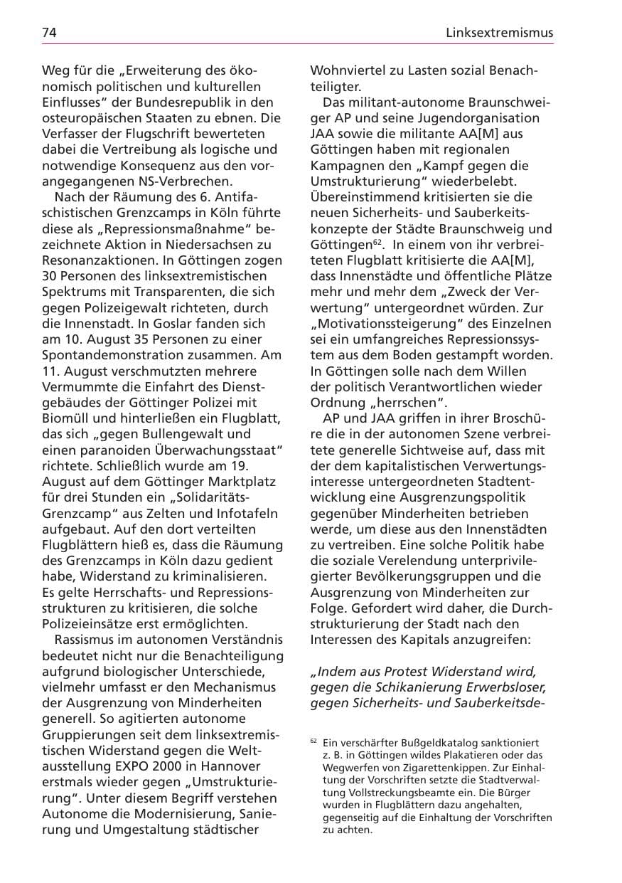 Seite 74 des Verfassungsschutzbericht 2003 Niedersachsen