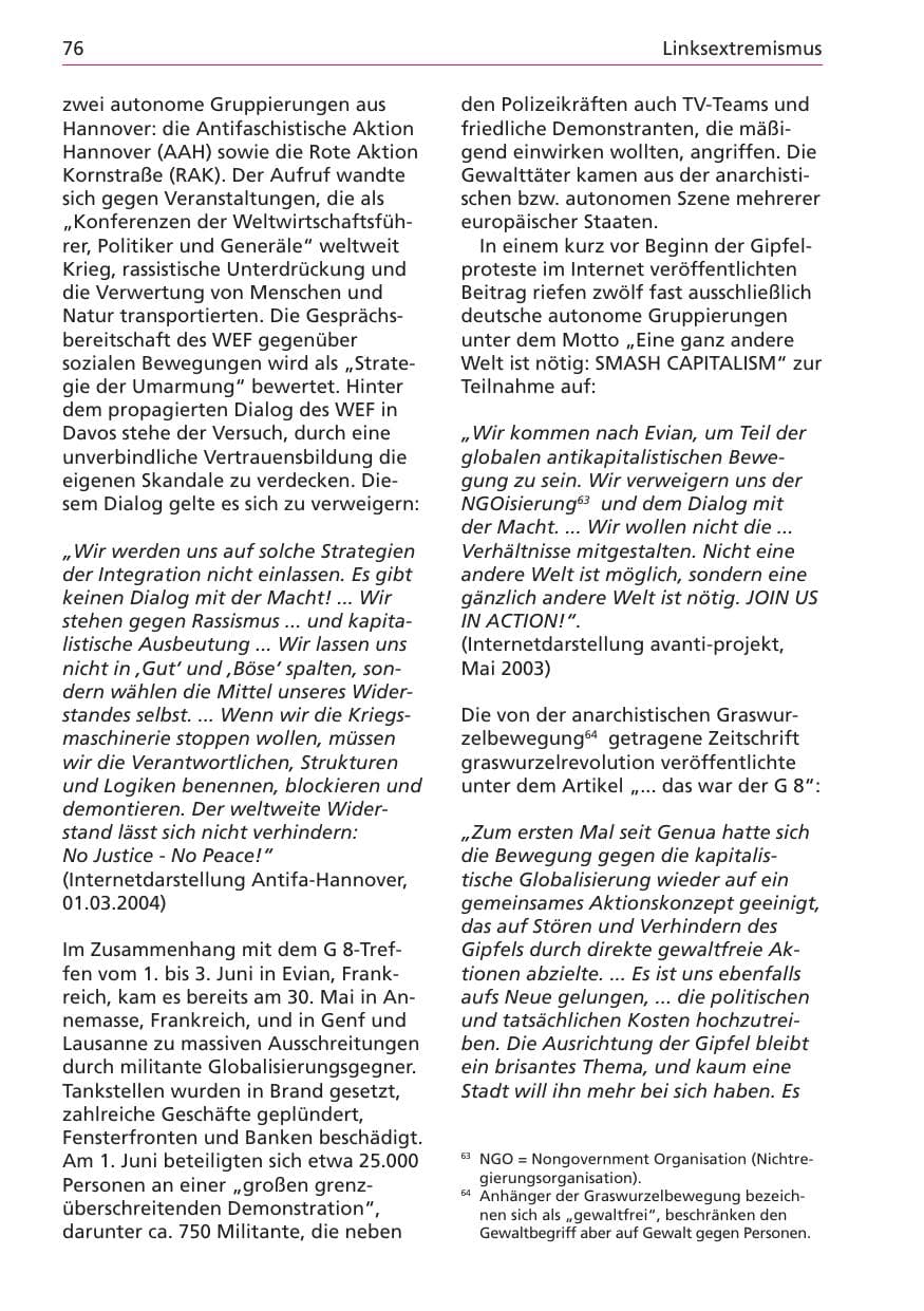 Seite 76 des Verfassungsschutzbericht 2003 Niedersachsen