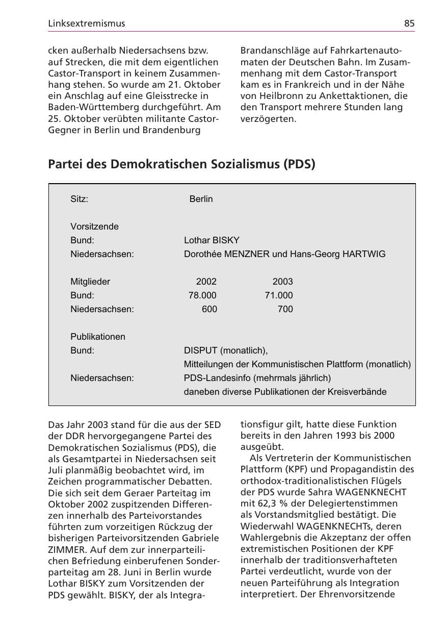 Seite 85 des Verfassungsschutzbericht 2003 Niedersachsen