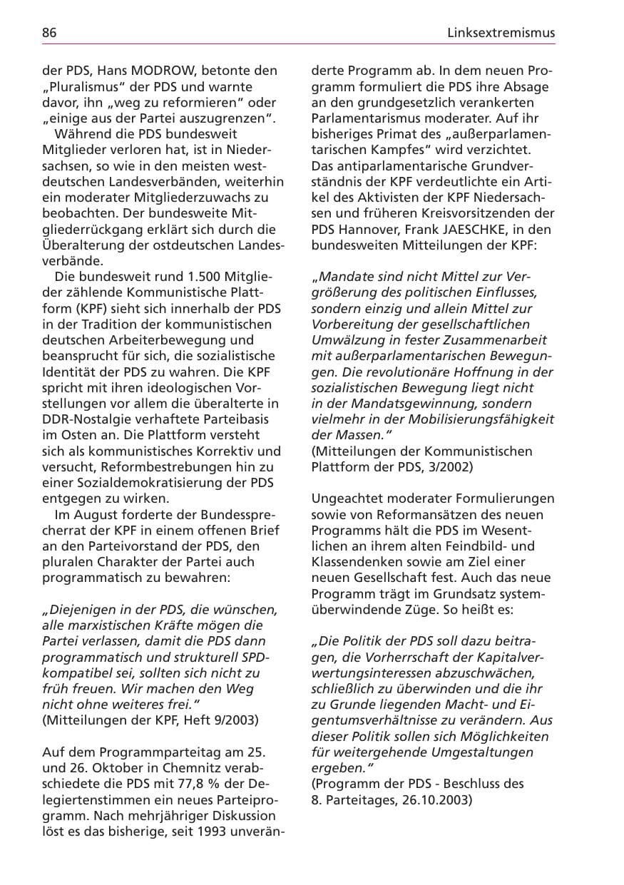 Seite 86 des Verfassungsschutzbericht 2003 Niedersachsen