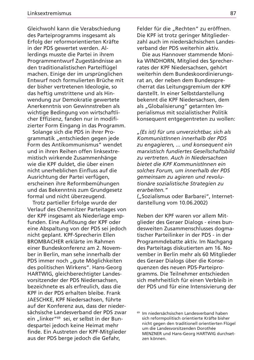 Seite 87 des Verfassungsschutzbericht 2003 Niedersachsen