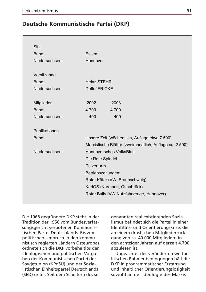 Seite 91 des Verfassungsschutzbericht 2003 Niedersachsen
