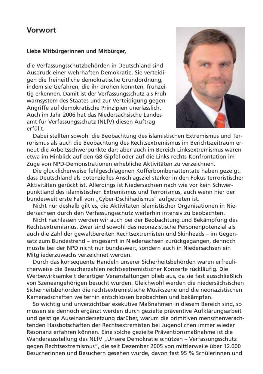 Seite 2 des Verfassungsschutzbericht 2006 Niedersachsen