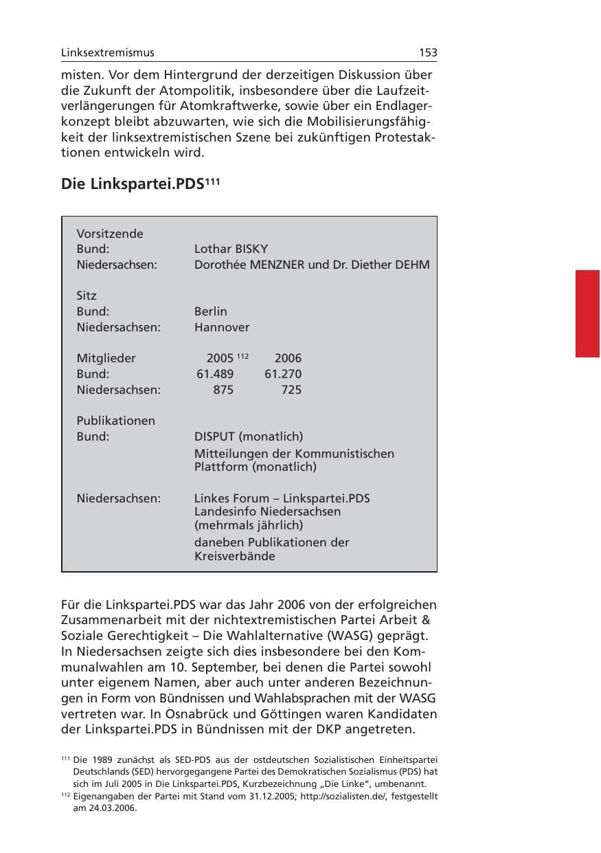 Seite 154 des Verfassungsschutzbericht 2006 Niedersachsen