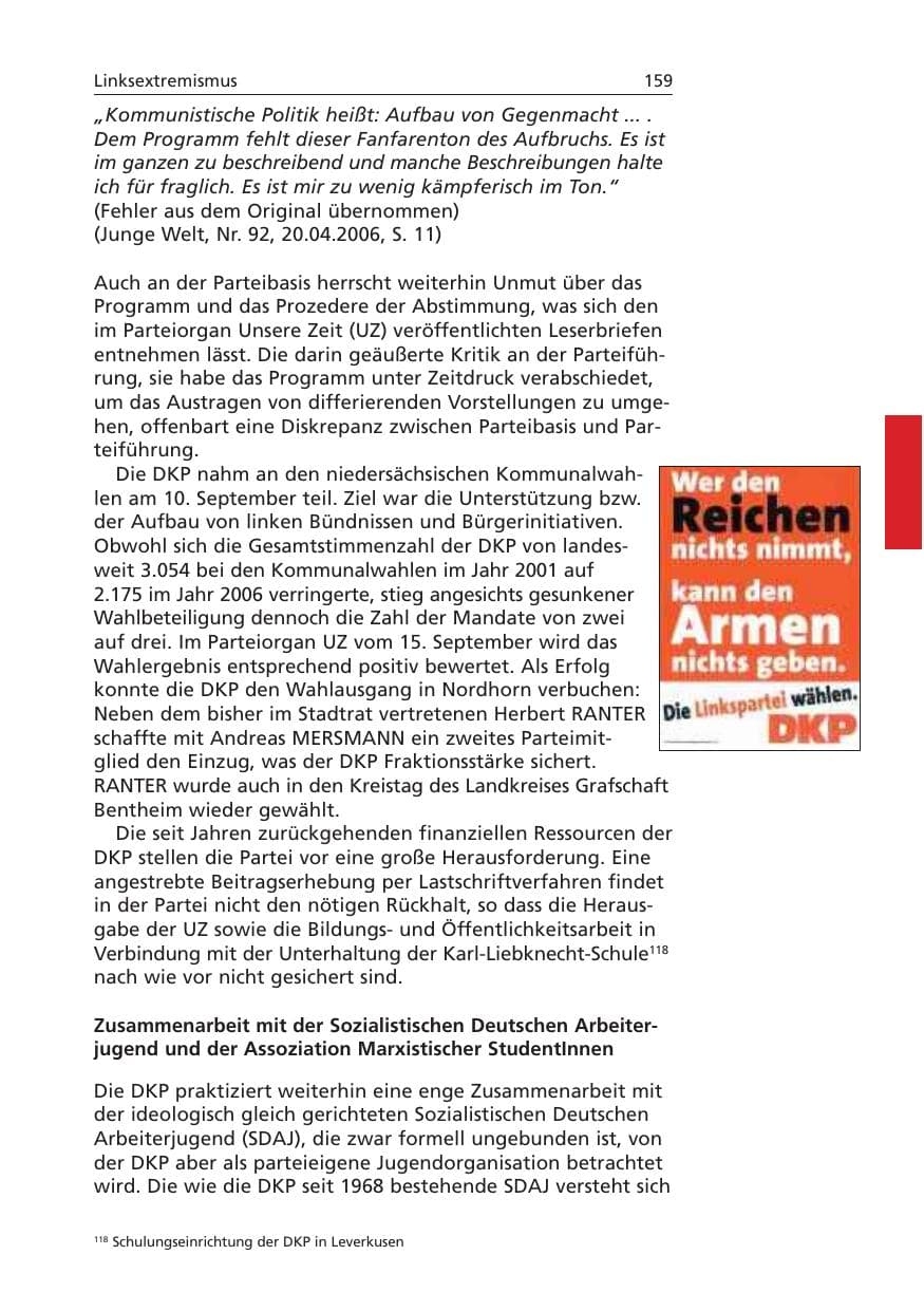 Seite 160 des Verfassungsschutzbericht 2006 Niedersachsen