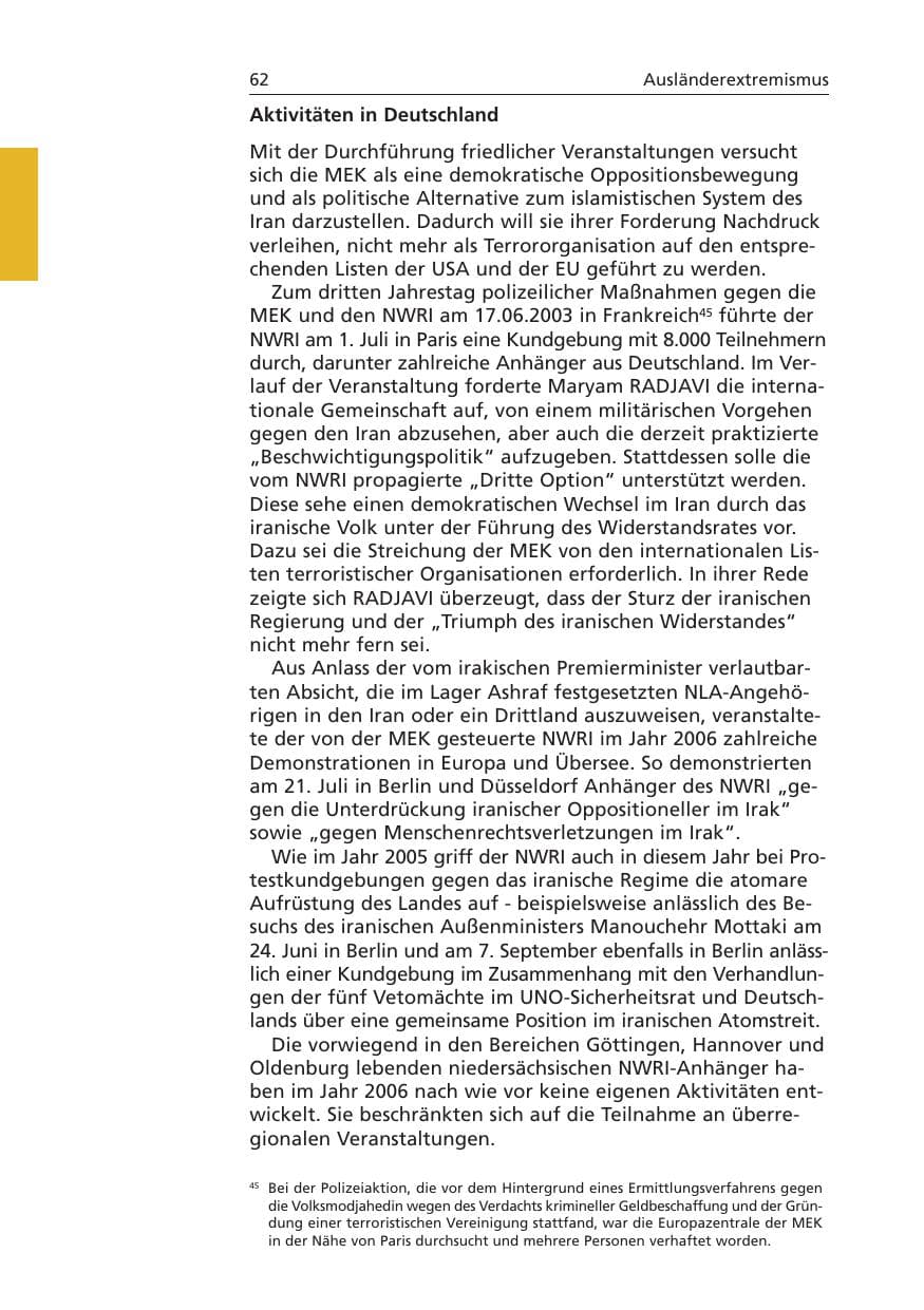 Seite 63 des Verfassungsschutzbericht 2006 Niedersachsen