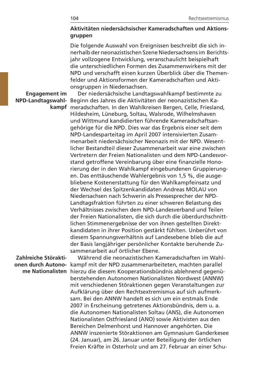 Seite 104 des Verfassungsschutzbericht 2008 Niedersachsen