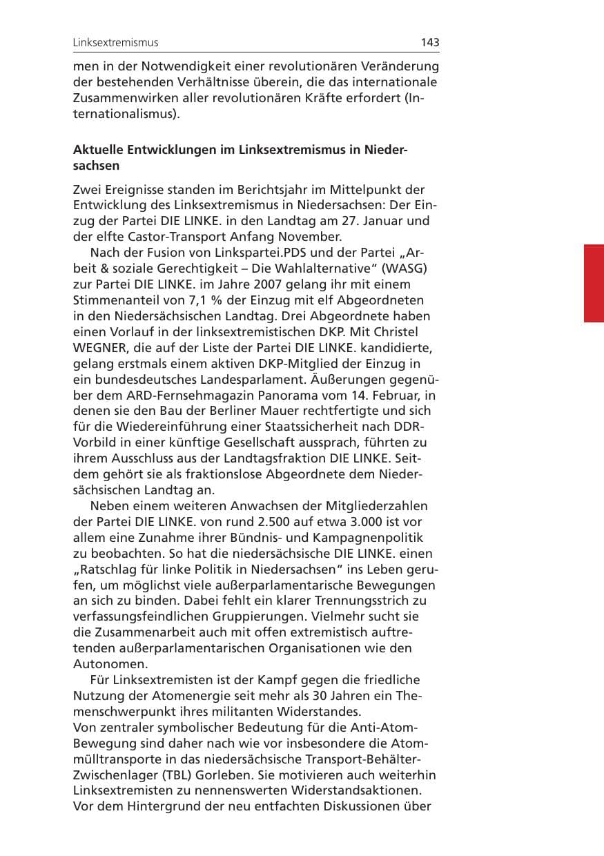 Seite 143 des Verfassungsschutzbericht 2008 Niedersachsen