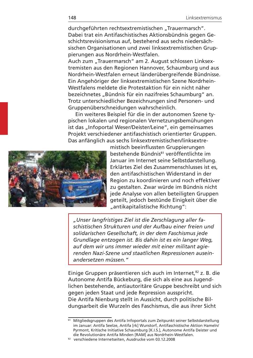 Seite 148 des Verfassungsschutzbericht 2008 Niedersachsen