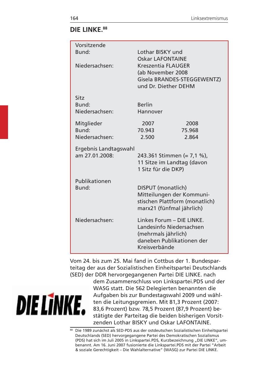 Seite 164 des Verfassungsschutzbericht 2008 Niedersachsen