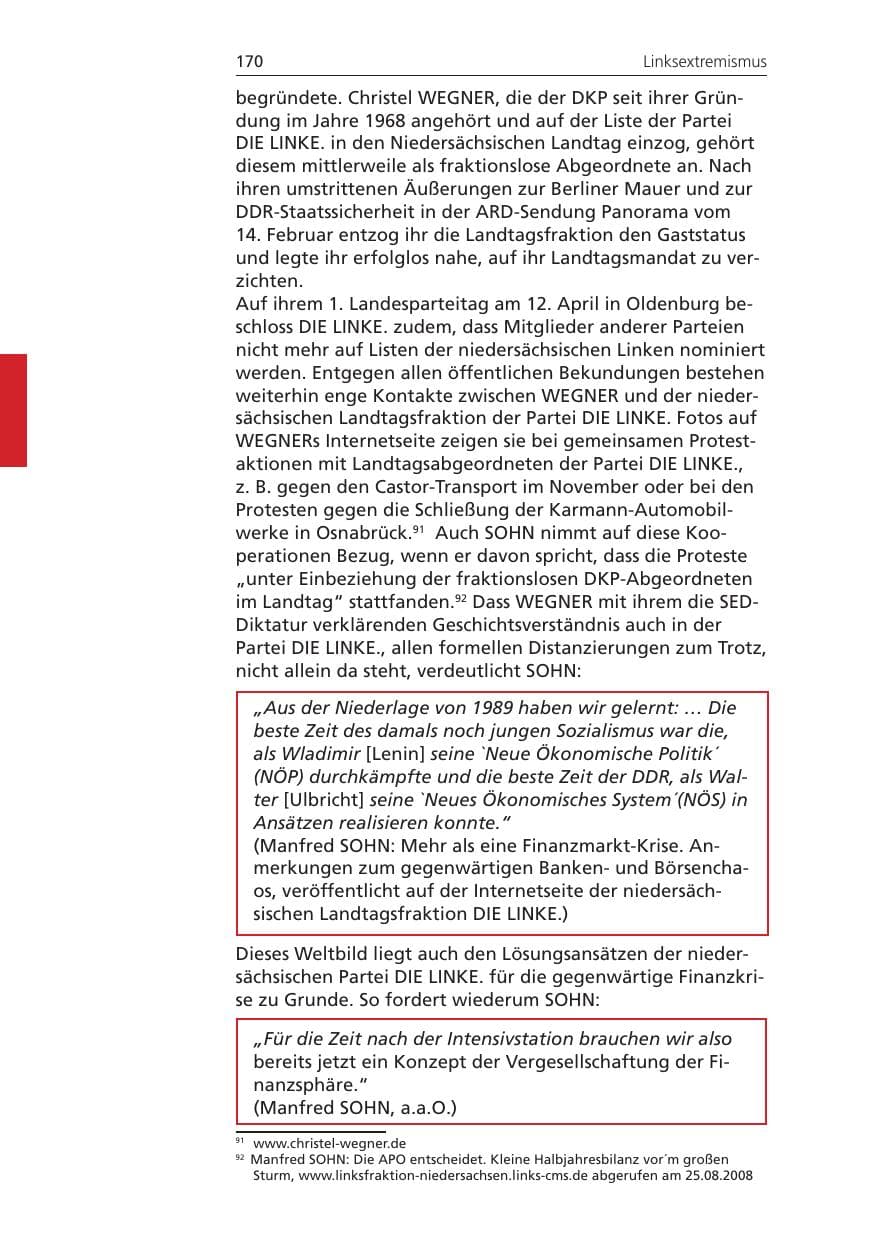 Seite 170 des Verfassungsschutzbericht 2008 Niedersachsen