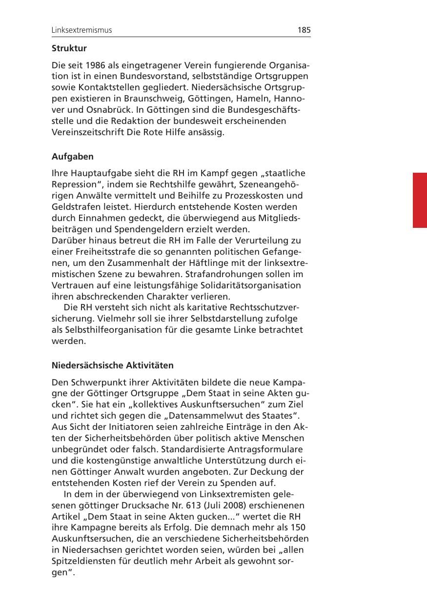 Seite 185 des Verfassungsschutzbericht 2008 Niedersachsen
