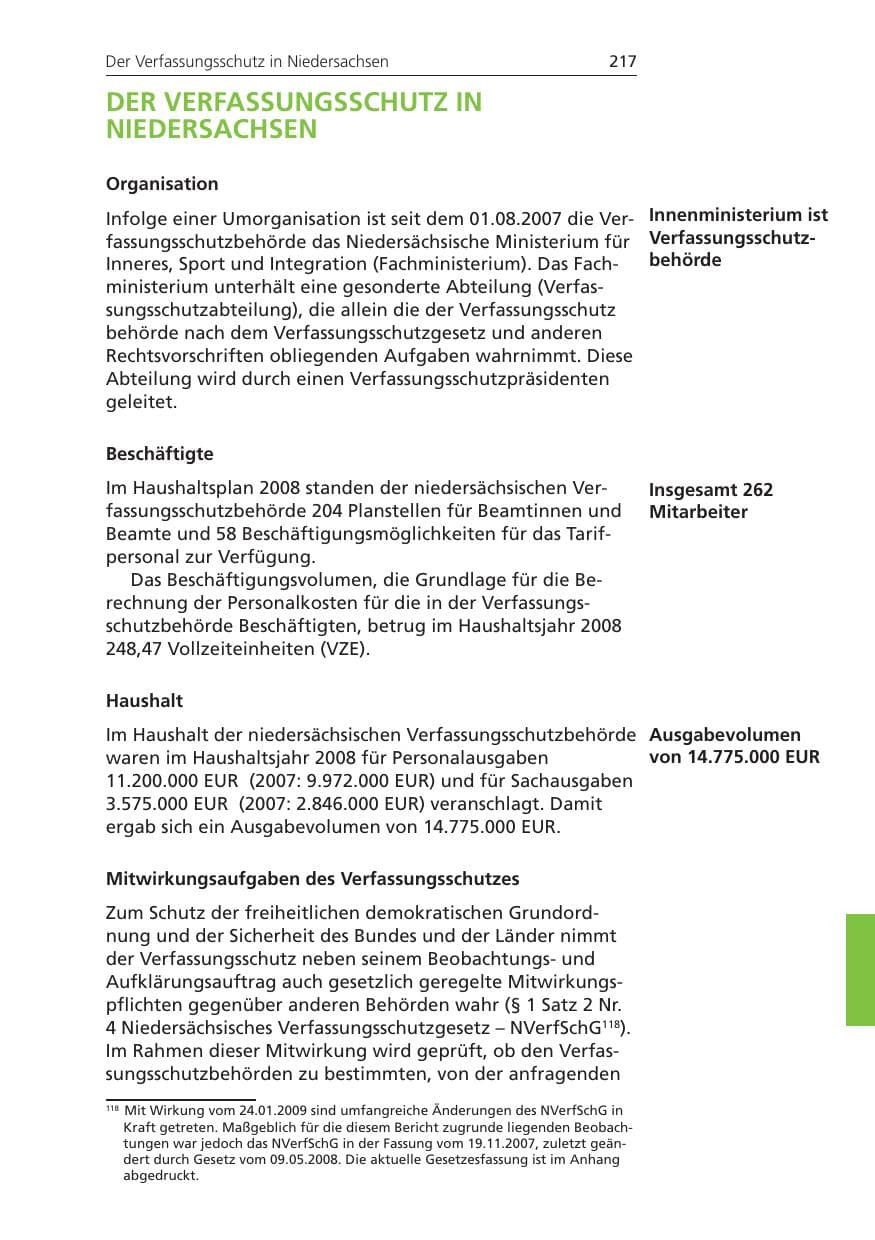 Seite 217 des Verfassungsschutzbericht 2008 Niedersachsen