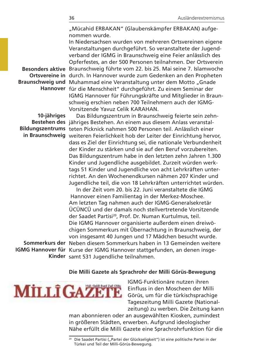 Seite 36 des Verfassungsschutzbericht 2008 Niedersachsen