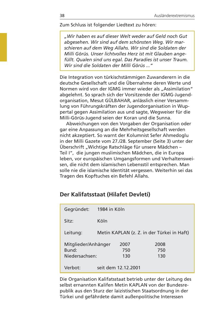 Seite 38 des Verfassungsschutzbericht 2008 Niedersachsen