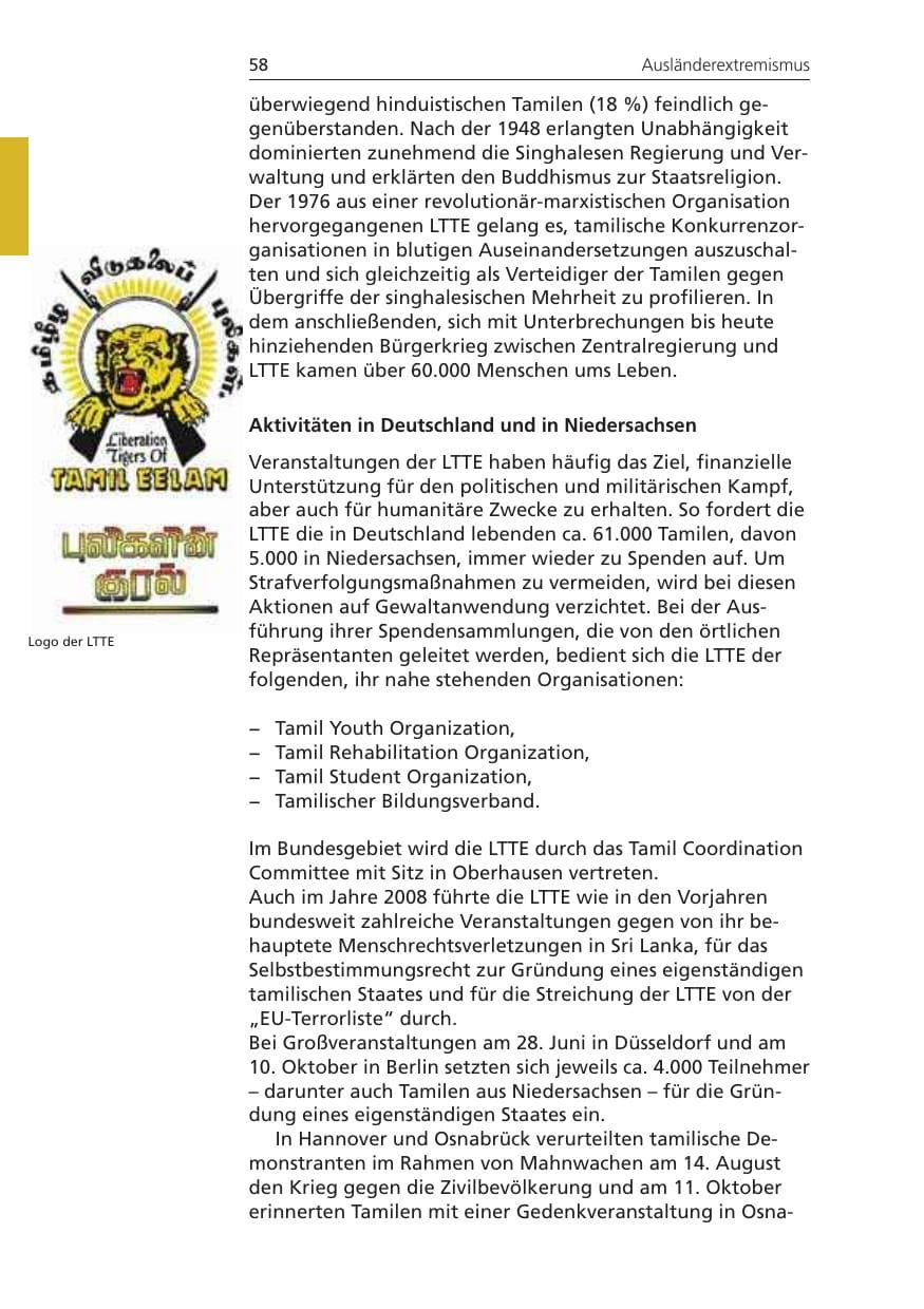 Seite 58 des Verfassungsschutzbericht 2008 Niedersachsen