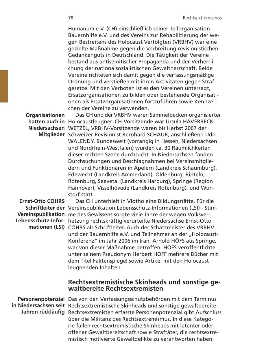 Seite 78 des Verfassungsschutzbericht 2008 Niedersachsen